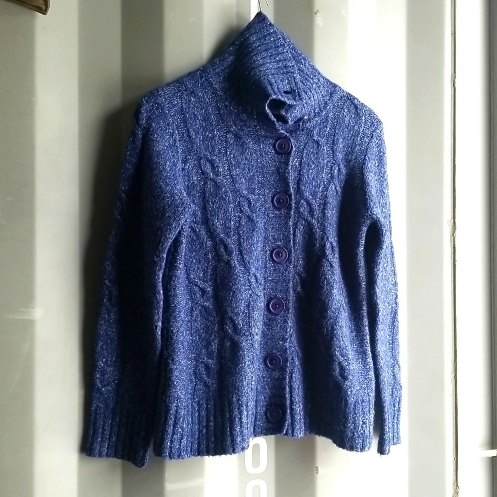LL BEAN Chunky Cable Knit Cardigan Sweater- Heathered Blue SOFT ! M